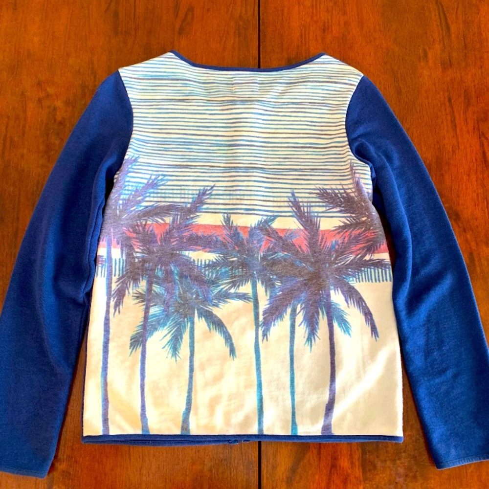 Roxy Girl, Front Zip Sweater, Blue with Graphic Back, size 14.